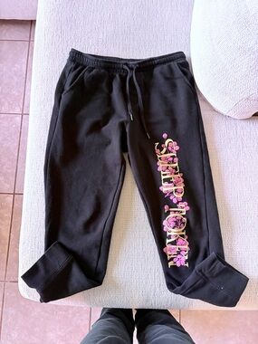 Black Joggers with Pink Floral Sleep Token Script Side Detail